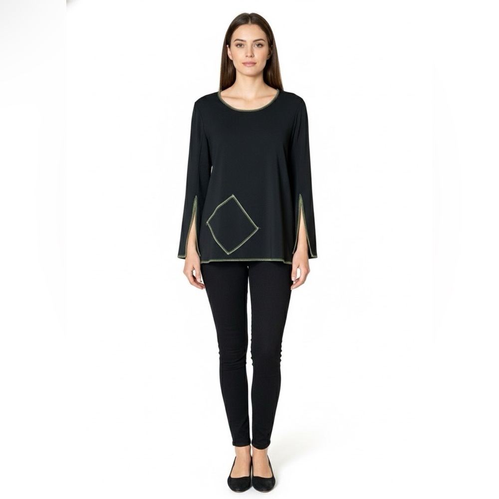 LINDA LUNDSTROM Black Poly / Lycra Stretch Long Sleeve Top Contrast Stitch Sz 12